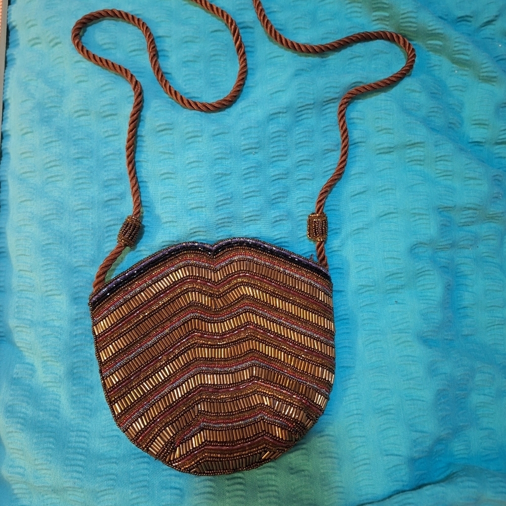 Beaded Crossbody Bag Brown and Gold